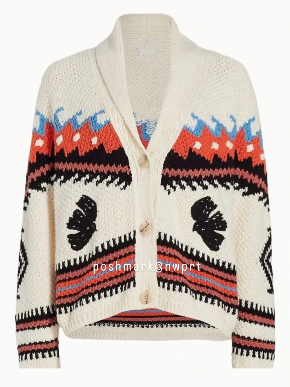 MOTHER De Gaulle Shawl Collar Cotton Knit Cardigan Sweater XS Cream White Aztec - Picture 3 of 14